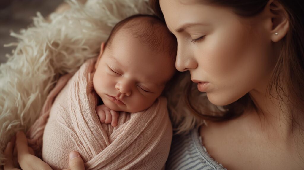 おくるみに包まれてスヤスヤと眠る赤ちゃんと、それに寄り添って眠るママ。
AI生成画像