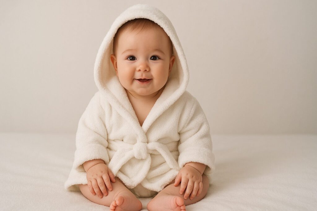 バスローブを着てお座りしている赤ちゃん
AIで生成