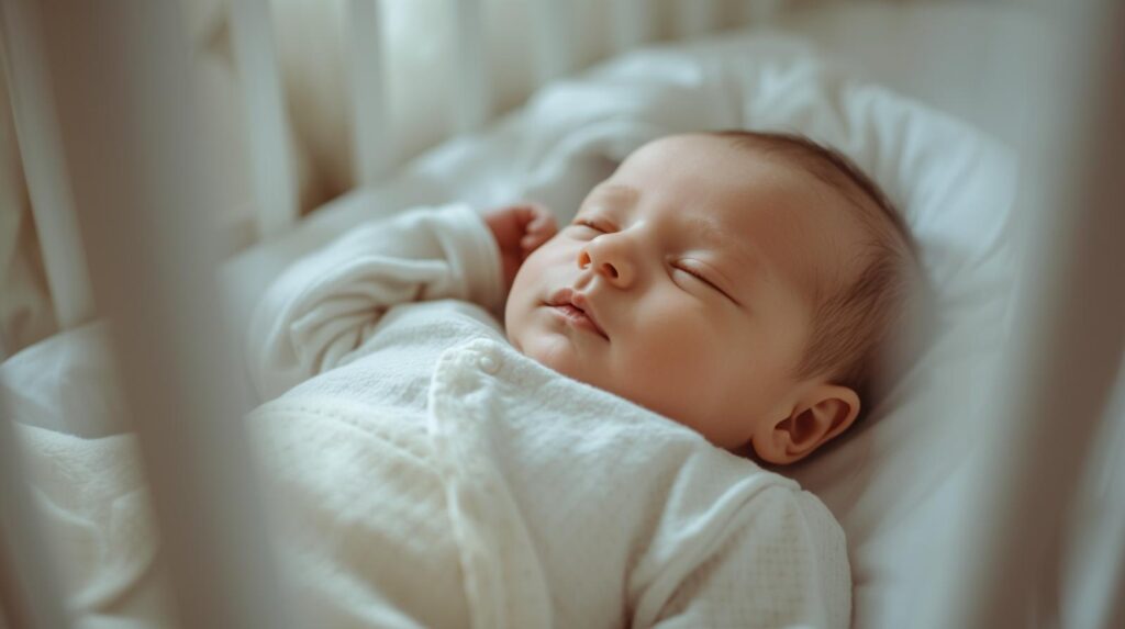 ベビーベッドですやすやと眠る赤ちゃん
AIで生成