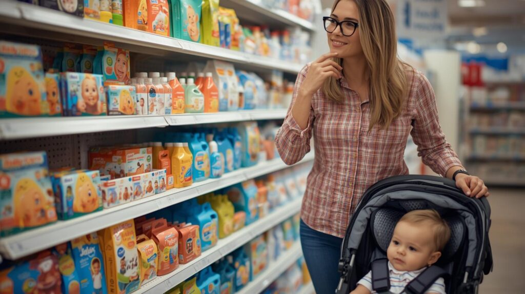 赤ちゃん用品売り場でどれを買うか迷っているママ AIで生成