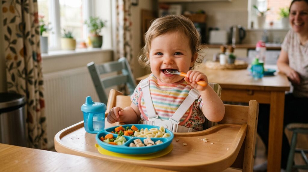ニコニコ笑顔で離乳食を食べる赤ちゃん
AIで生成