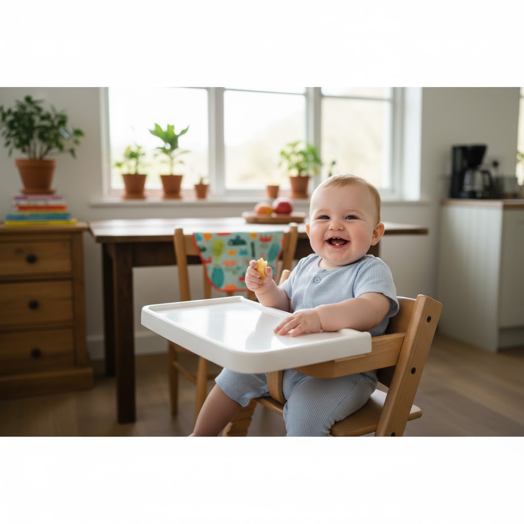 ハイチェアに座りニコニコ笑っている赤ちゃん
AIで生成