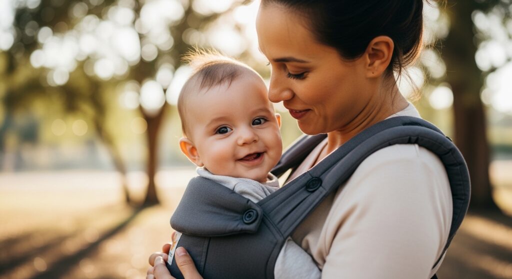 抱っこ紐で抱っこされて嬉しそうな赤ちゃん