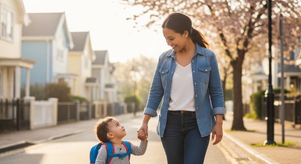 子供と手を繋ぎ笑顔で保育園へ向かうママ