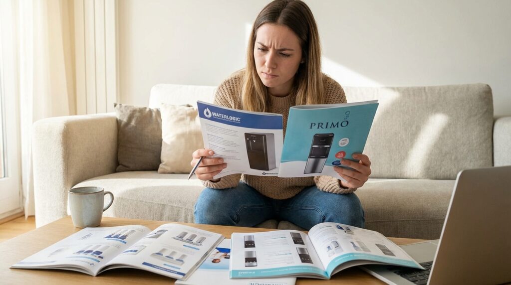 ウォーターサーバーのカタログを見比べるママ
