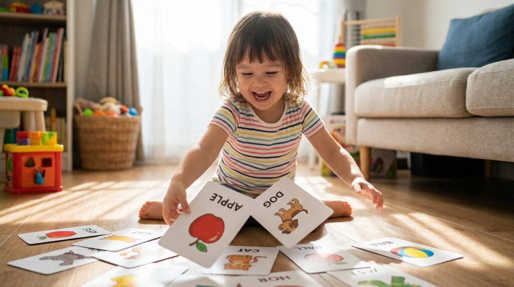 英語カードで楽しそうに遊ぶ子供
AIで生成