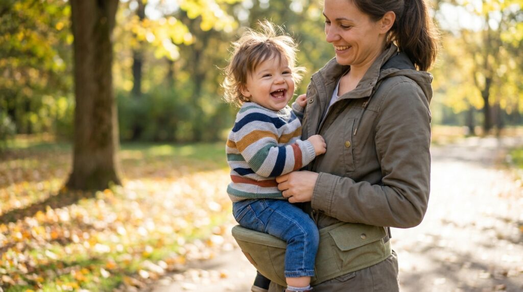 ヒップシートで抱っこされる子どもとママ。2人とも幸せそうに笑っている。 AIで生成